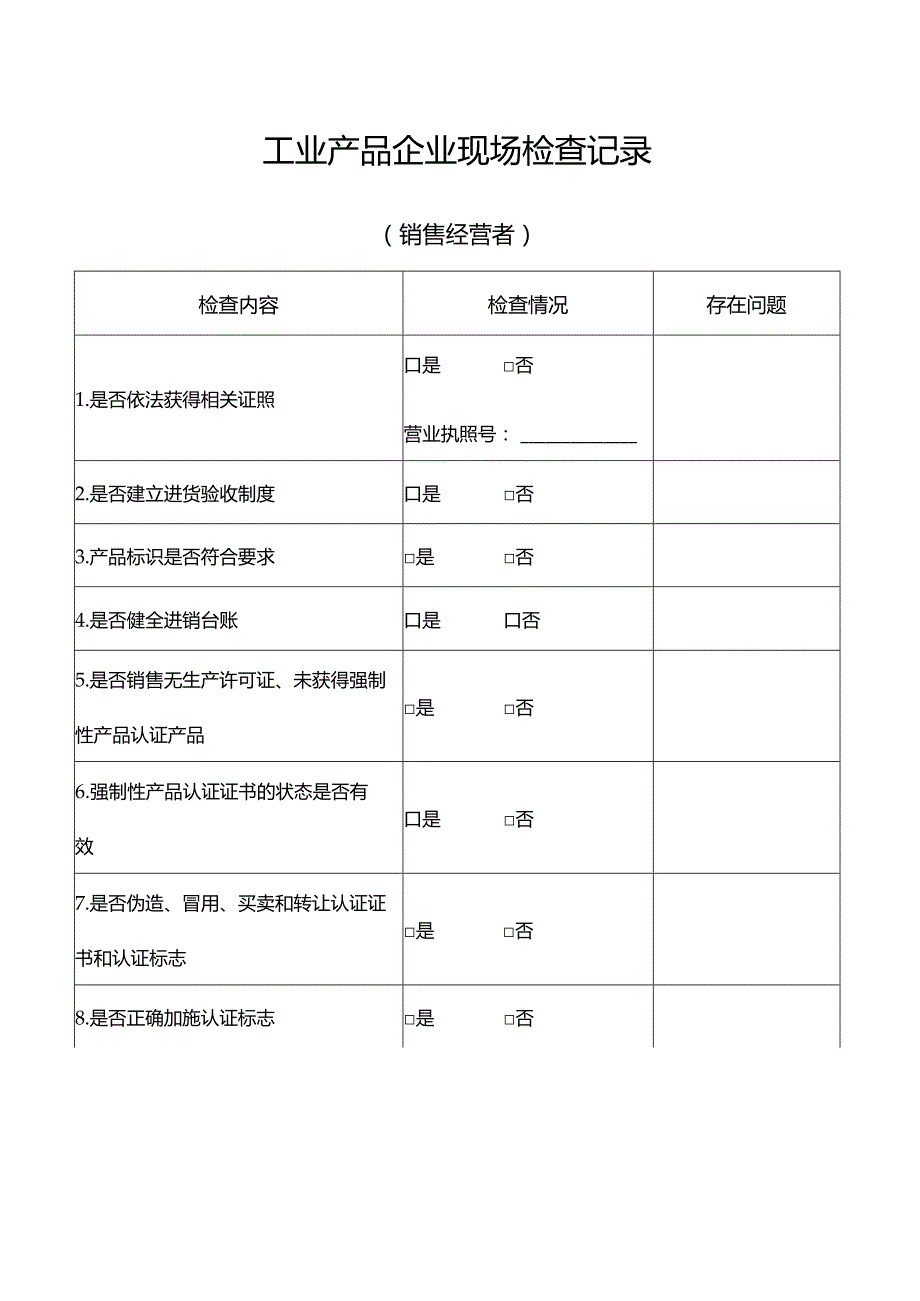 工业产品企业现场检查记录(销售经营）.docx_第1页