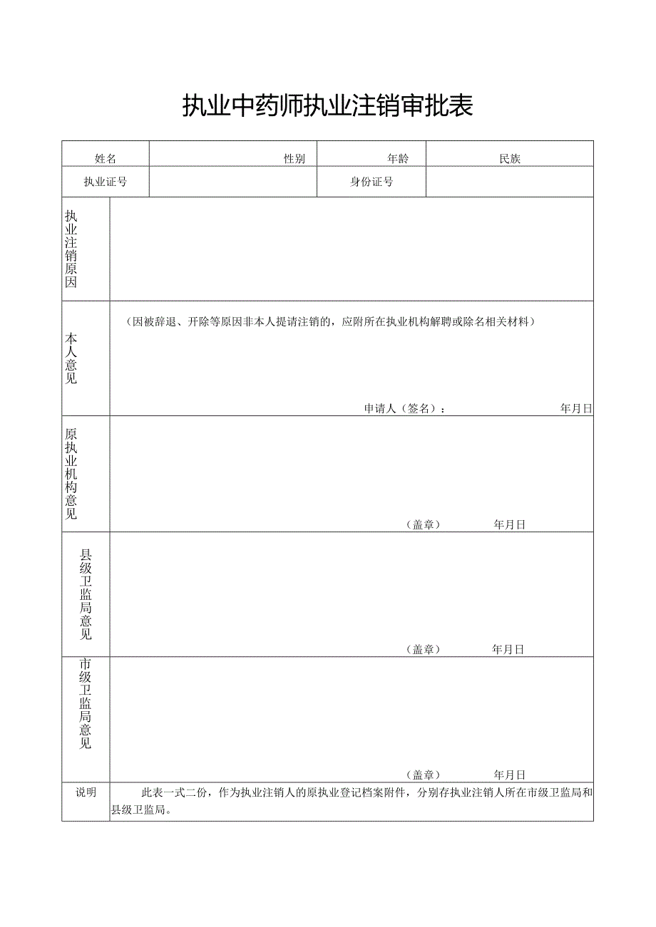 执业中药师执业注销审批表.docx_第1页