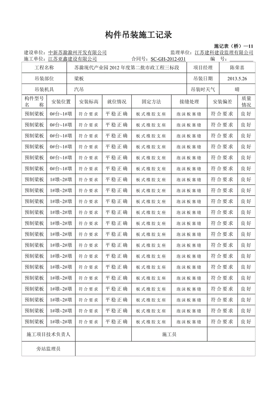 江苏某产业园市政工程构件吊装施工记录(预制梁板).doc_第3页