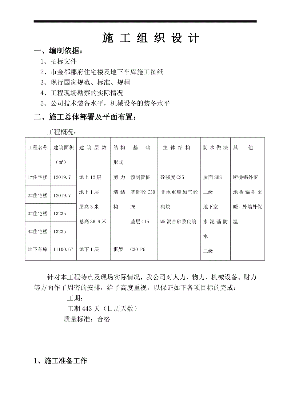 河北某小区小高层住宅楼及地下车库施工组织设计.doc_第1页