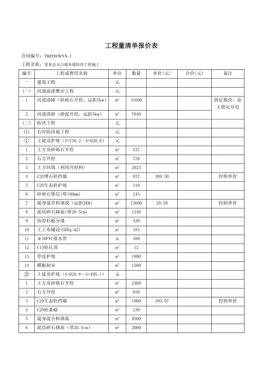 江苏省某乡镇防洪工程施工清单报价表.doc_第2页