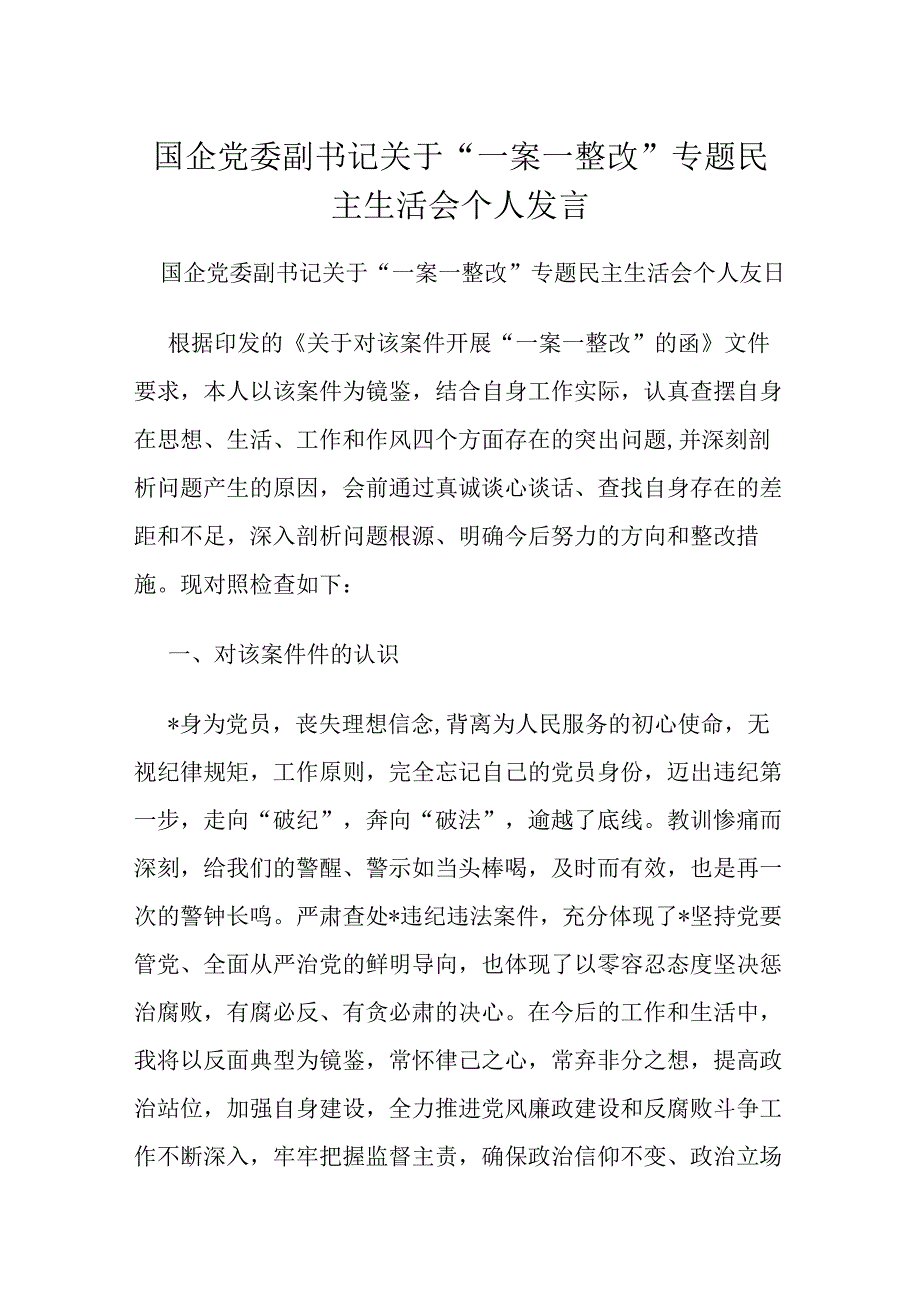 国企党委副书记关于“一案一整改”专题民主生活会个人发言.docx_第1页