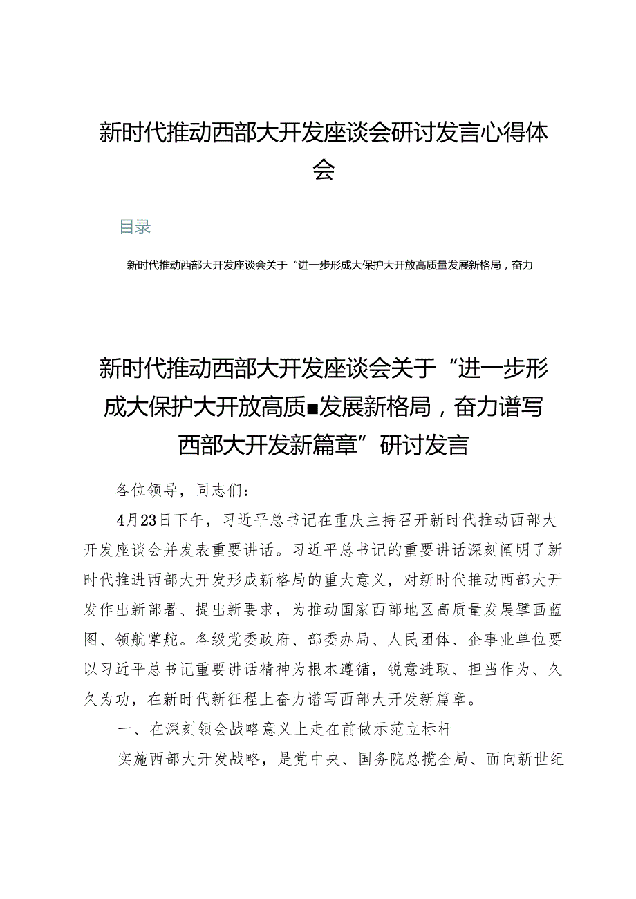 (九篇)新时代推动西部大开发座谈会研讨发言心得体会.docx_第1页