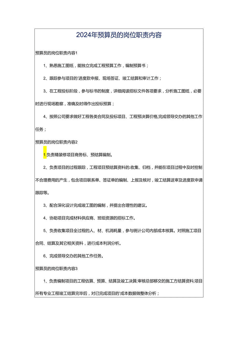 2024年预算员的岗位职责内容.docx_第1页