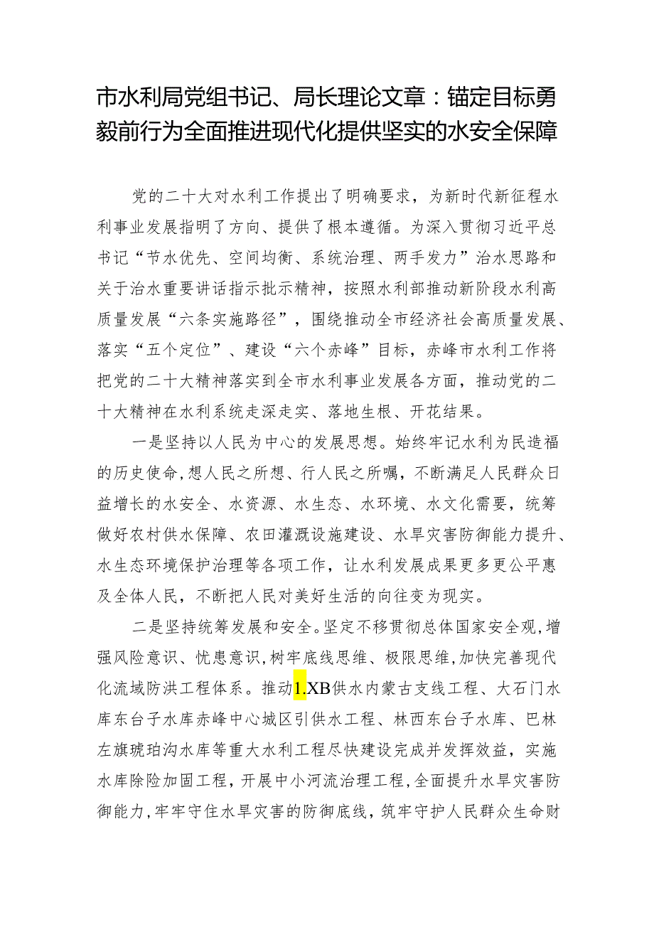 【学习资料】市水利局党组书记、局长学习二十大精神理论文章：锚定目标 勇毅前行 为全面推进现代化提供坚实的水安全保障.docx_第1页