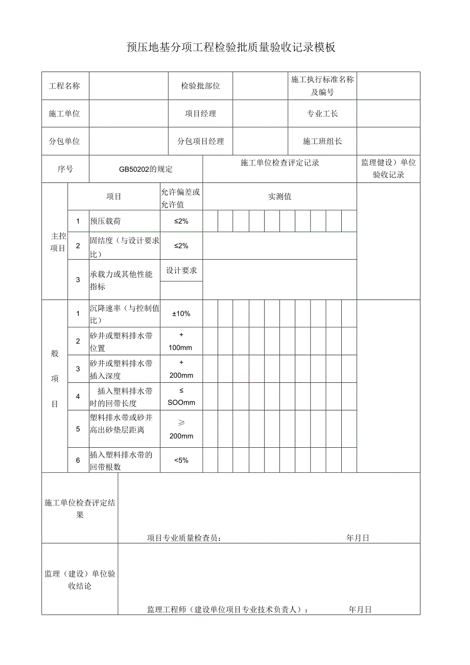 预压地基分项工程检验批质量验收记录模板.docx_第1页