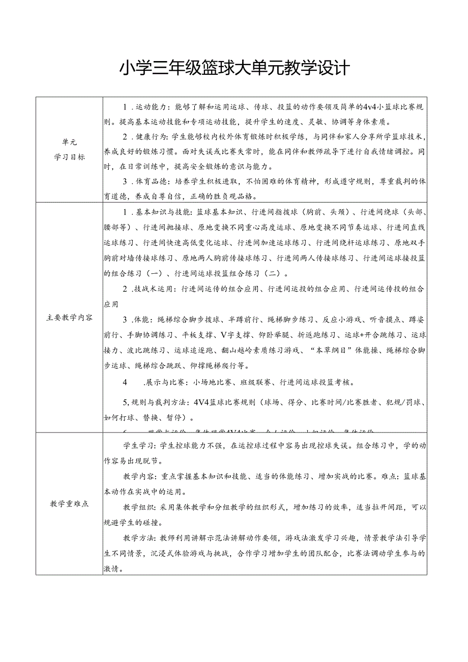 体育与健康3年级篮球大单元教学设计20课时教案.docx_第1页