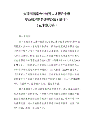 大理州档案专业特殊人才晋升中级专业技术职务评审办法（试行）（征求意见稿）.docx