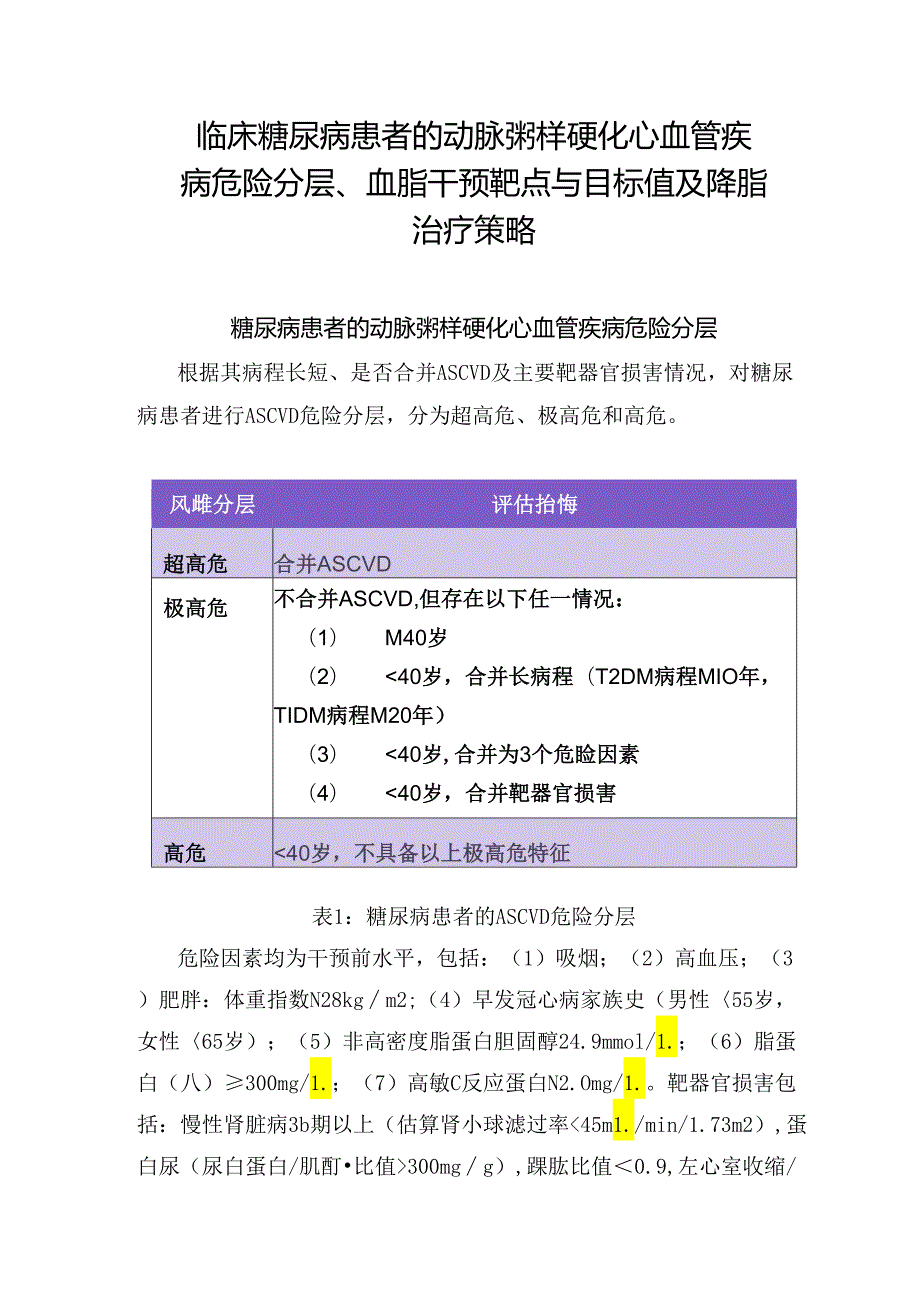 临床糖尿病患者的动脉粥样硬化心血管疾病危险分层、血脂干预靶点与目标值及降脂治疗策略.docx_第1页