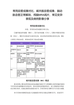 常用血管成像对比、磁共振血管成像、脑动脉血管正常解剖、颅脑 MRA阅片、常见变异表现及病例影像分享.docx