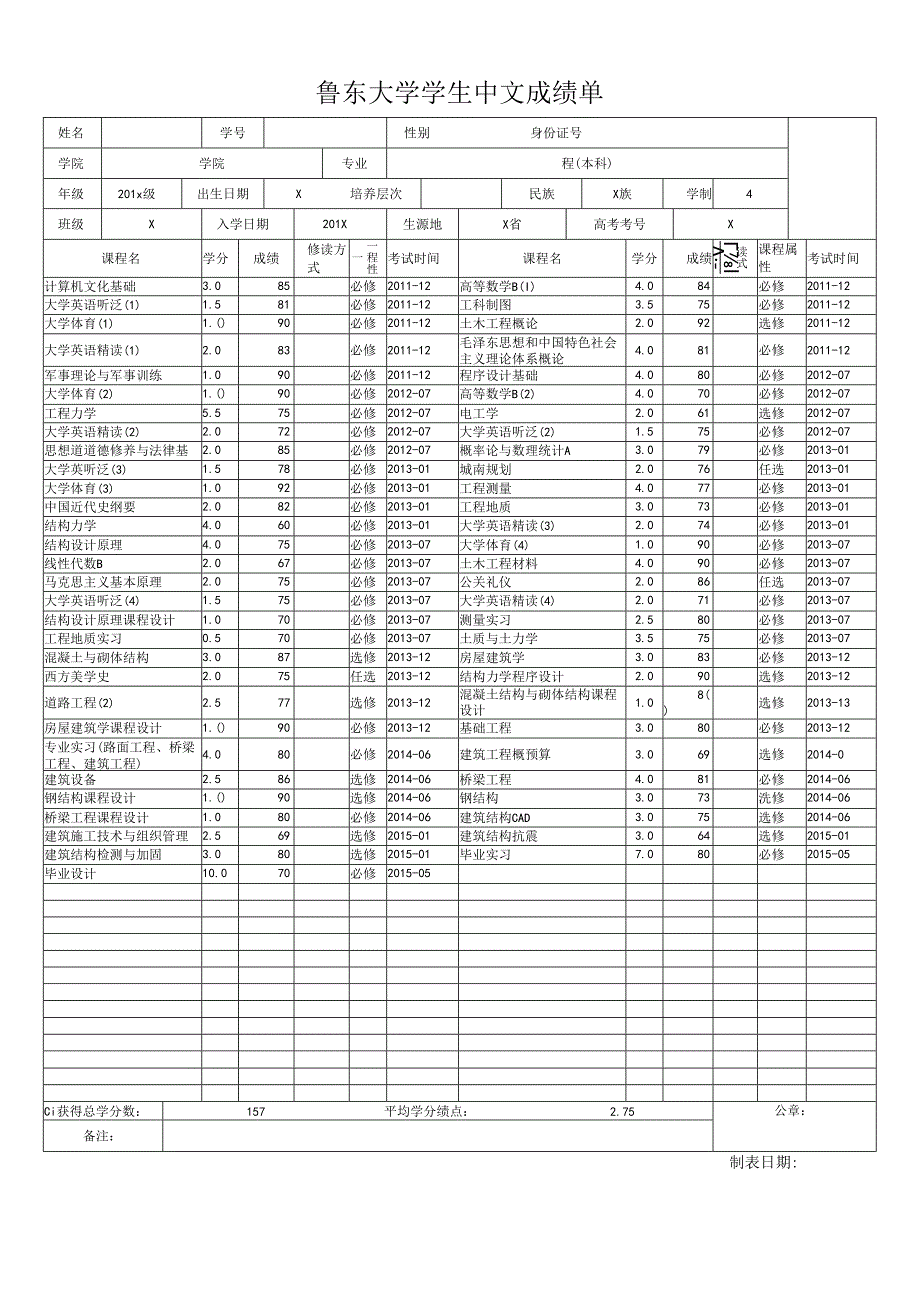 鲁东大学学生中文成绩单.docx_第1页