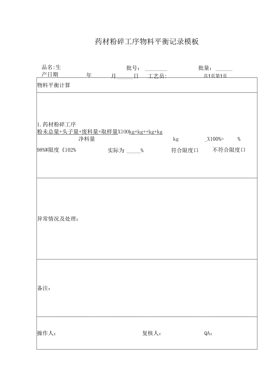 药材粉碎工序物料平衡记录模板.docx_第1页