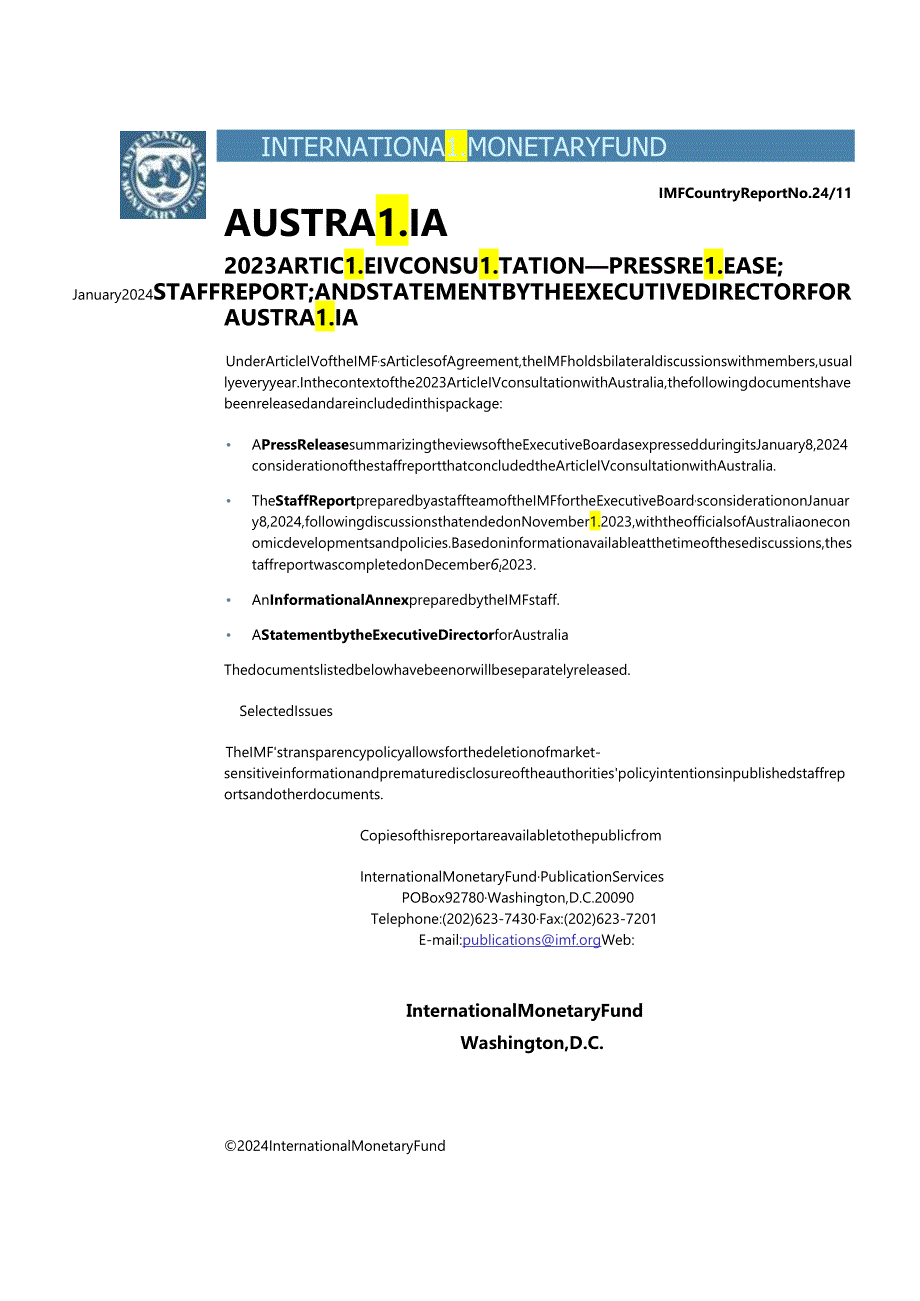 IMF-澳大利亚：2023年第四条磋商新闻稿；员工报告；以及澳大利亚执行主任的声明（英）-2024.1.docx_第1页
