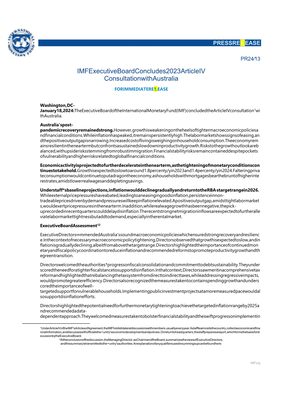 IMF-澳大利亚：2023年第四条磋商新闻稿；员工报告；以及澳大利亚执行主任的声明（英）-2024.1.docx_第2页