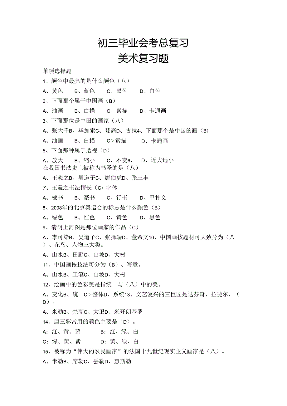 2021年九年级毕业会考美术考试复习题汇总-(最新).docx_第1页