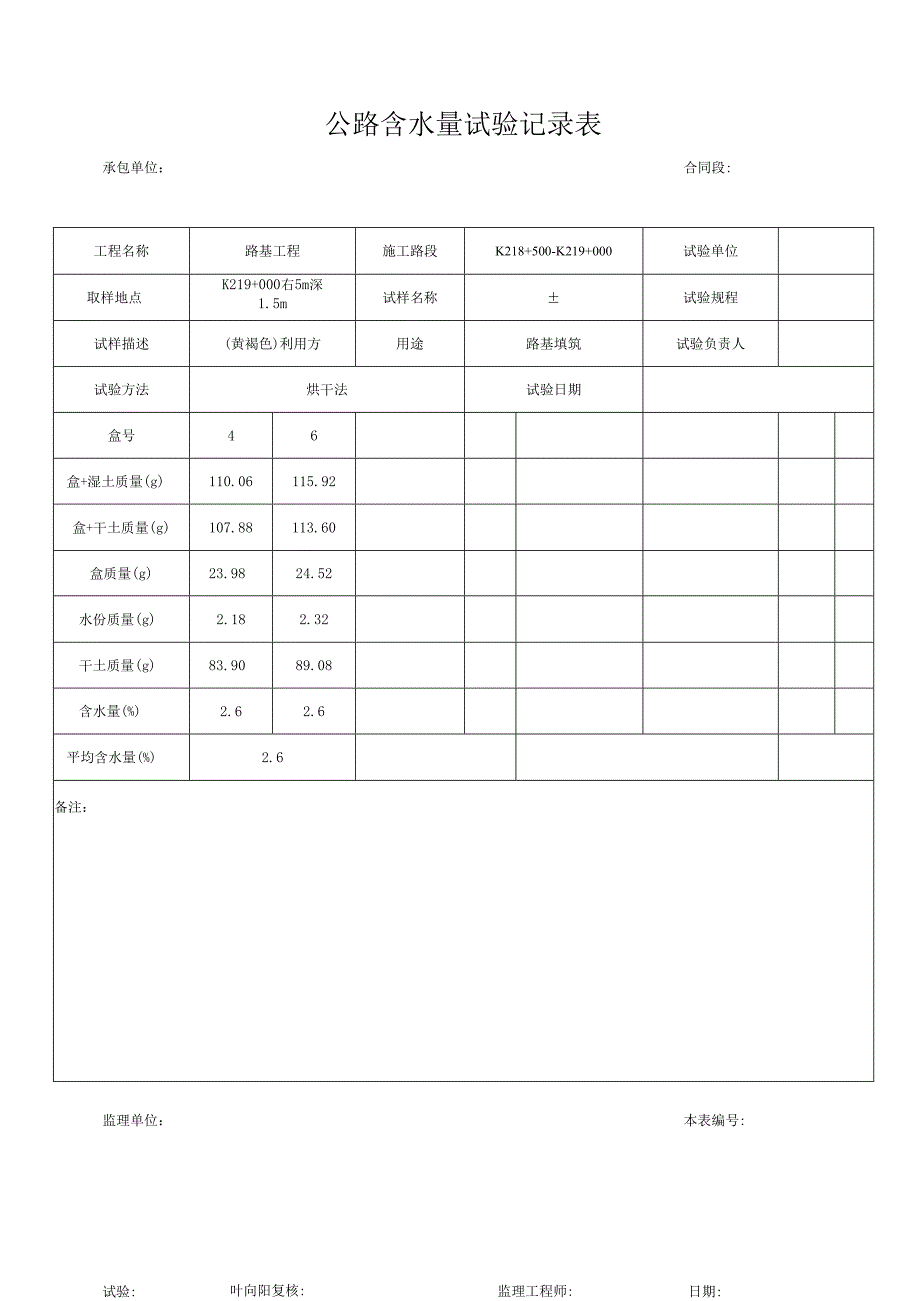 公路含水量试验记录表.docx_第1页