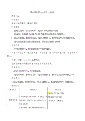 第8课 动物的换毛与换羽（教学设计）-三年级科学下册（冀人版）.docx