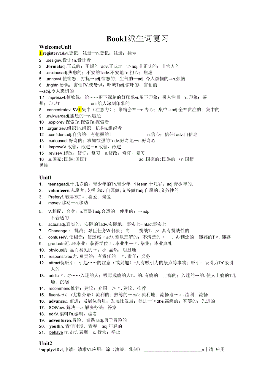 人教版（2019）必修第一册 Welcome Unit - Unit 5 复习派生词检测清单.docx_第1页