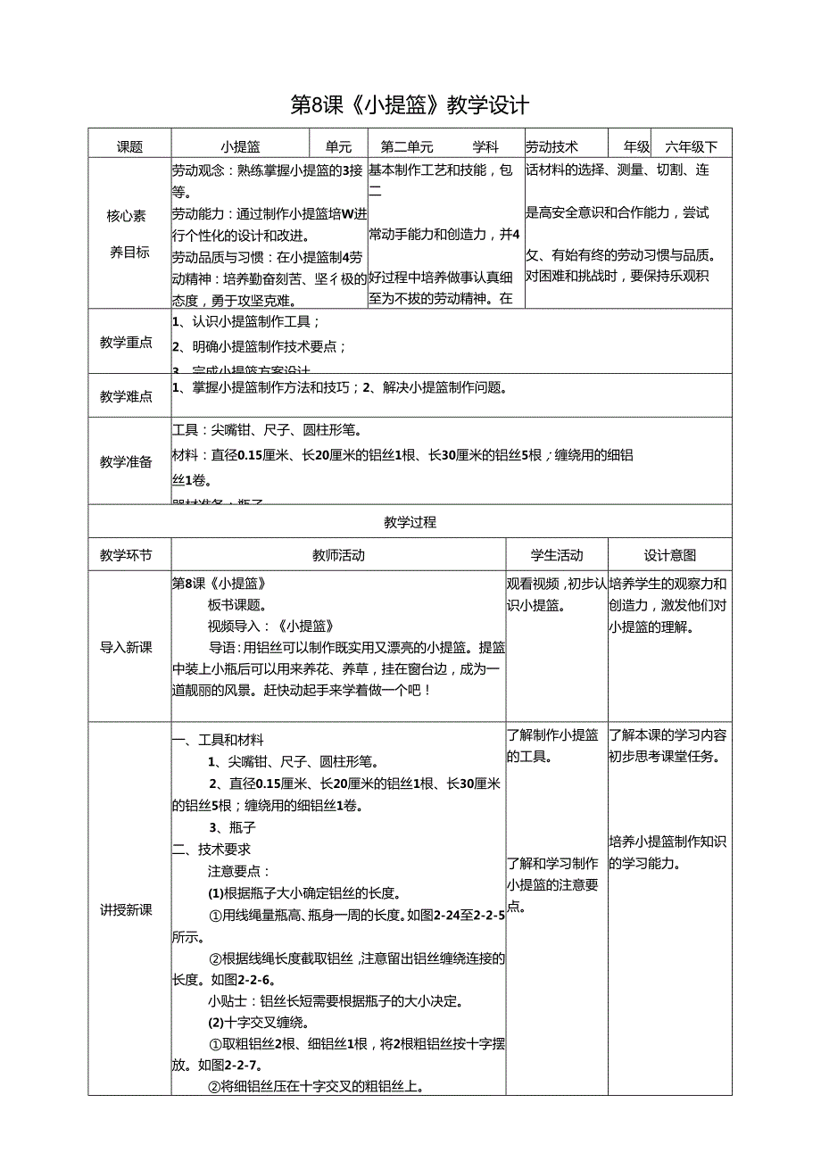 粤教版劳动技术六年级下册第8课《小提篮》教案.docx_第1页