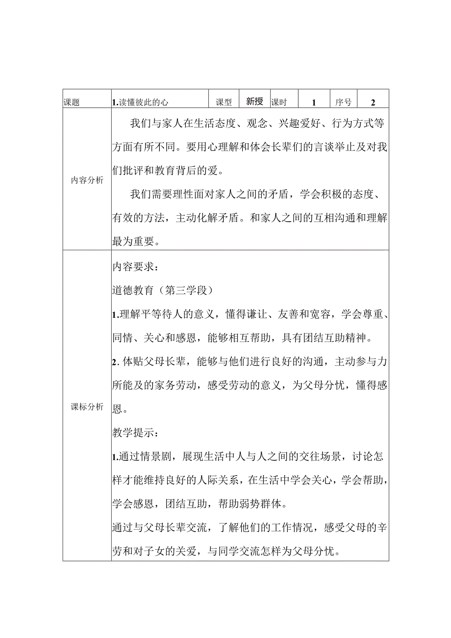 道德与法治五下第一单元第一课《读懂彼此的心》第二课时备课设计.docx_第1页