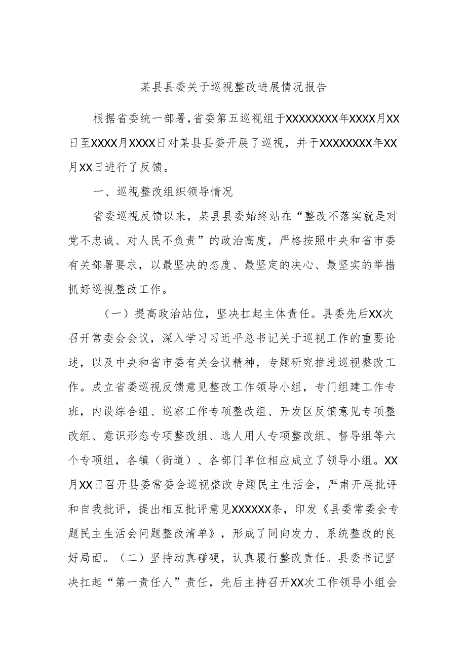 某县县委关于巡视整改进展情况报告.docx_第1页