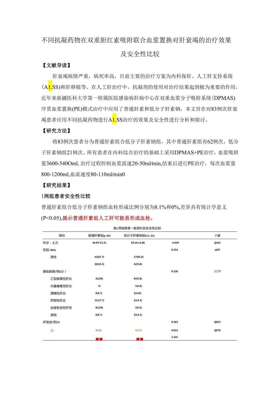 不同抗凝药物在双重胆红素吸附联合血浆置换对肝衰竭的治疗效果及安全性比较.docx_第1页