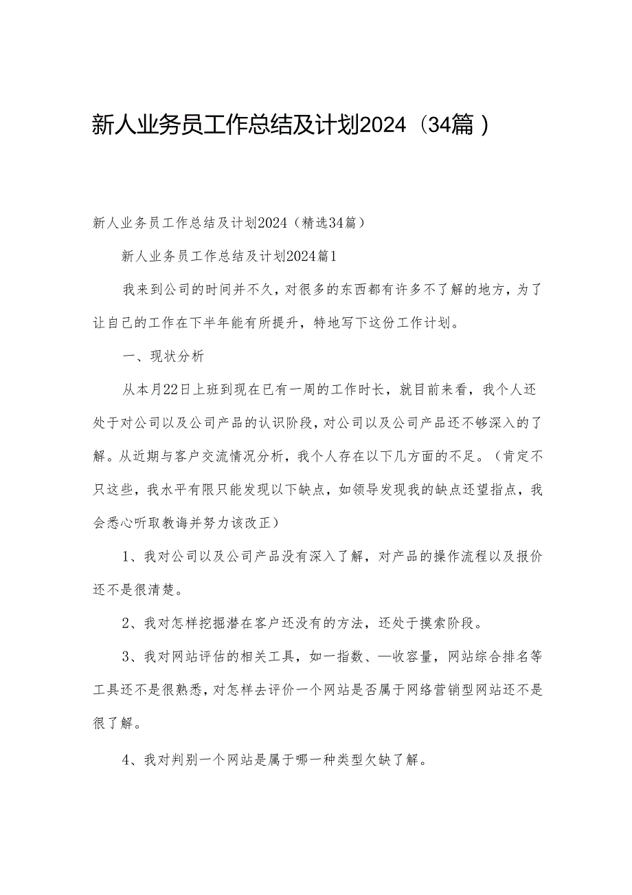 新人业务员工作总结及计划2024（34篇）.docx_第1页