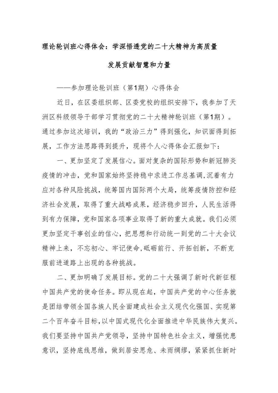 理论轮训班心得体会：学深悟透党的二十大精神 为高质量发展贡献智慧和力量.docx_第1页