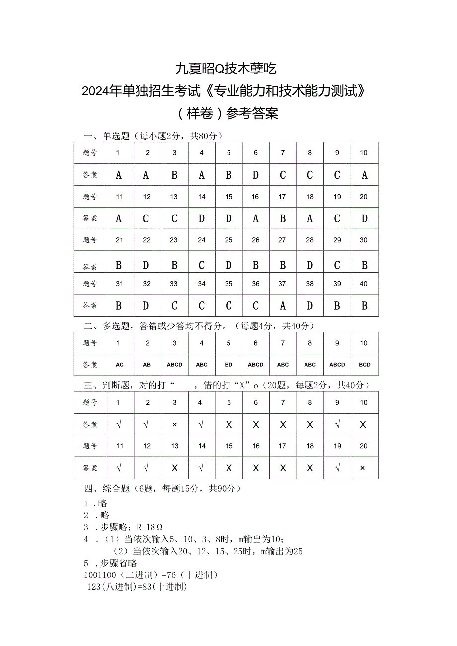 2024年单独招生考试－九江职业技术学院－电子与信息大类《专业能力和技术能力》测试样卷参考答案.docx_第1页