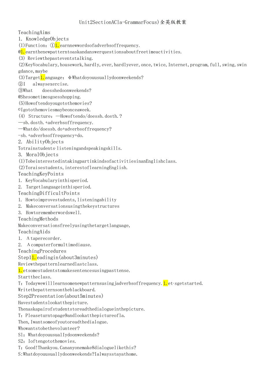 人教8上Unit2SectionA（1aGrammarFocus）全英版教案.docx_第1页