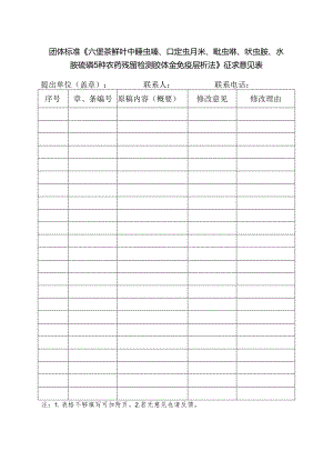 附件9：《六堡茶鲜叶中噻虫嗪、啶虫脒、吡虫啉、呋虫胺、水胺硫磷5种农药残留检测 胶体金免疫层析法》征求意见表.docx