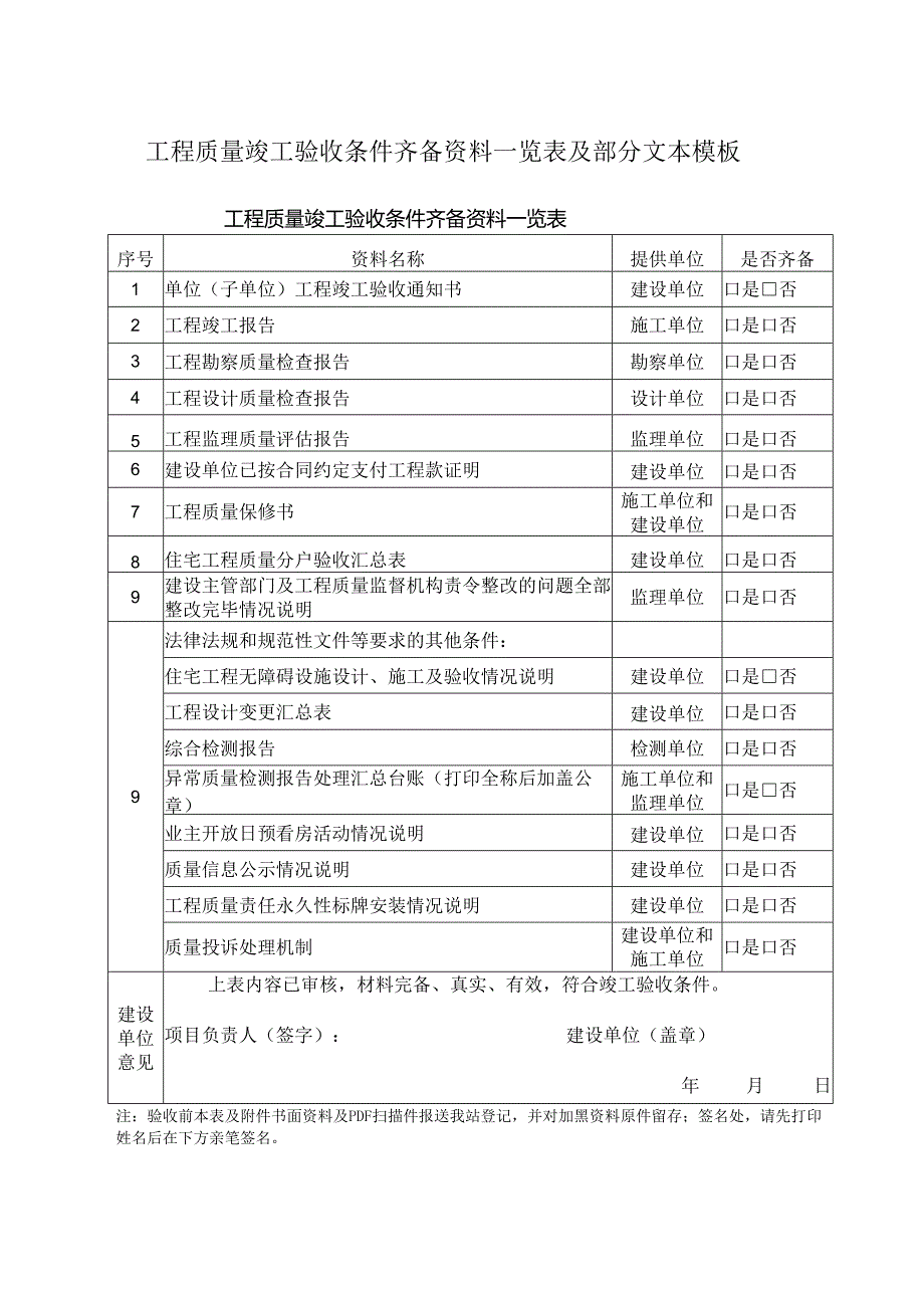 工程质量竣工验收条件齐备资料一览表及部分文本模板.docx_第1页