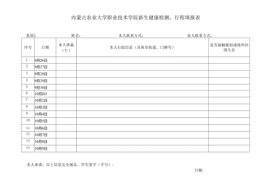 内蒙古农业大学职业技术学院新生健康检测、行程填报表 .docx_第1页