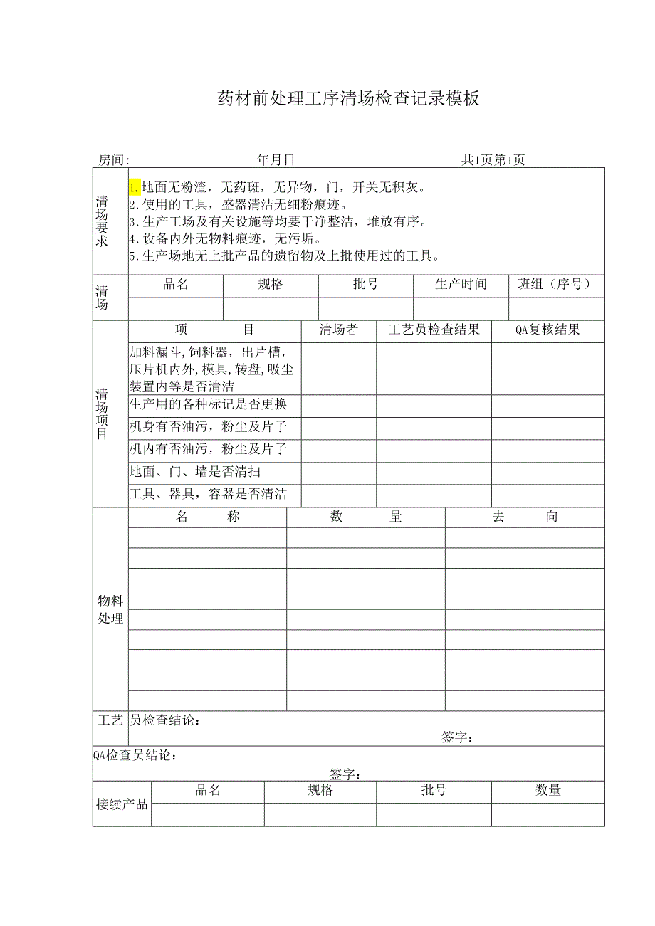 药材前处理工序清场检查记录模板.docx_第1页