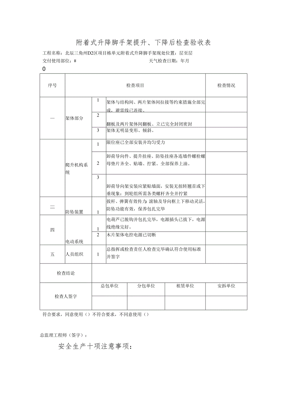 附着式升降脚手架提升下降后检查验收表.docx_第1页