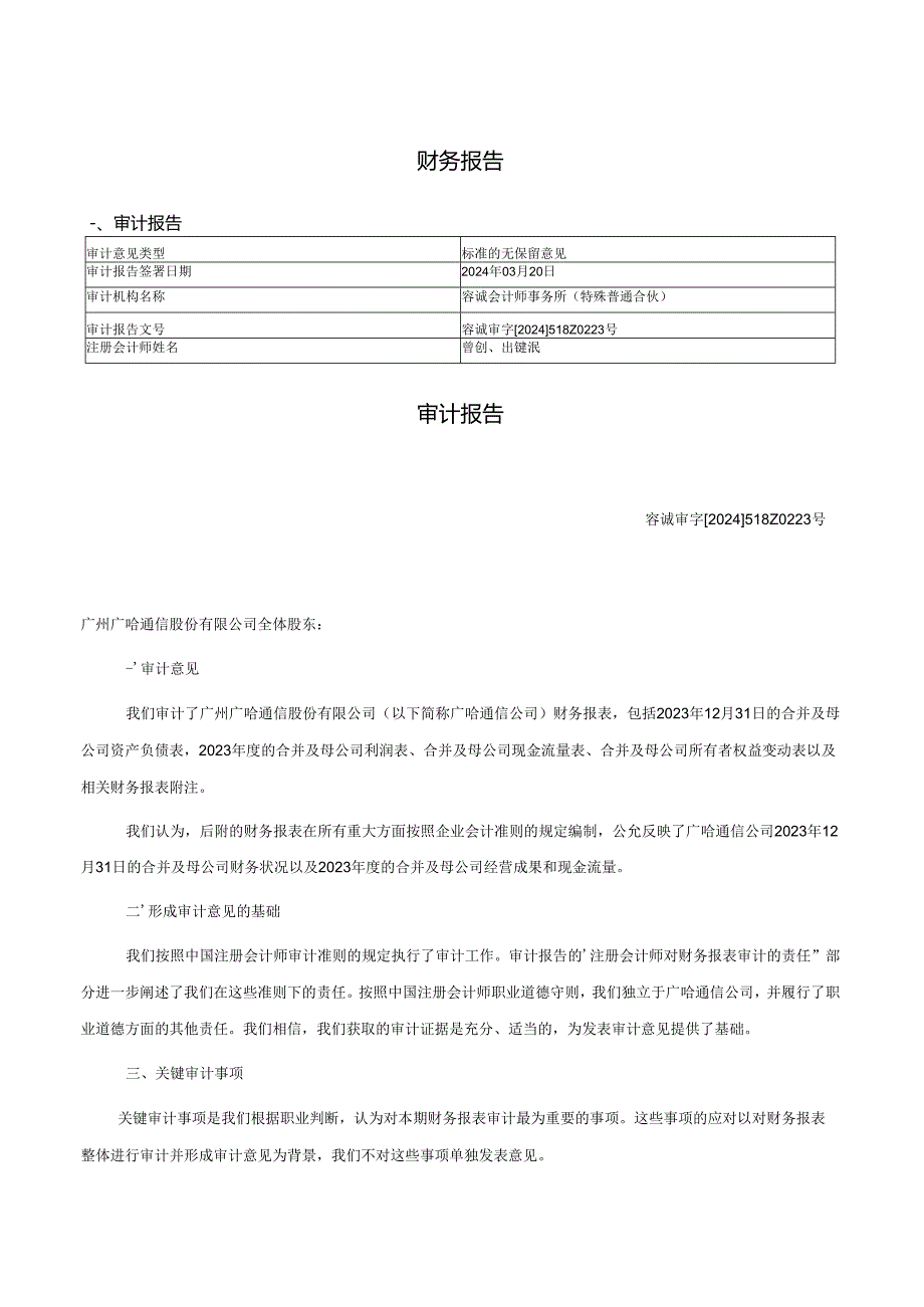 广哈通信：2023年年度财务报告.docx_第2页