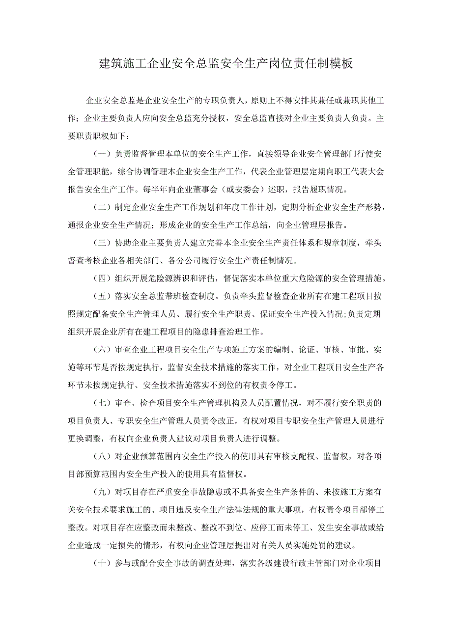 建筑施工企业安全总监安全生产岗位责任制模板.docx_第1页