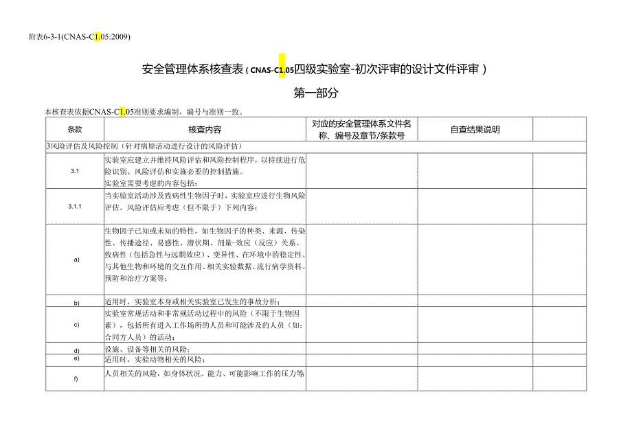 CNAS-AL05-08：20200831 附表6-3-1 安全管理体系核查表（CNAS-CL05 四级实验室-初次评审的设计文件评审）.docx_第1页