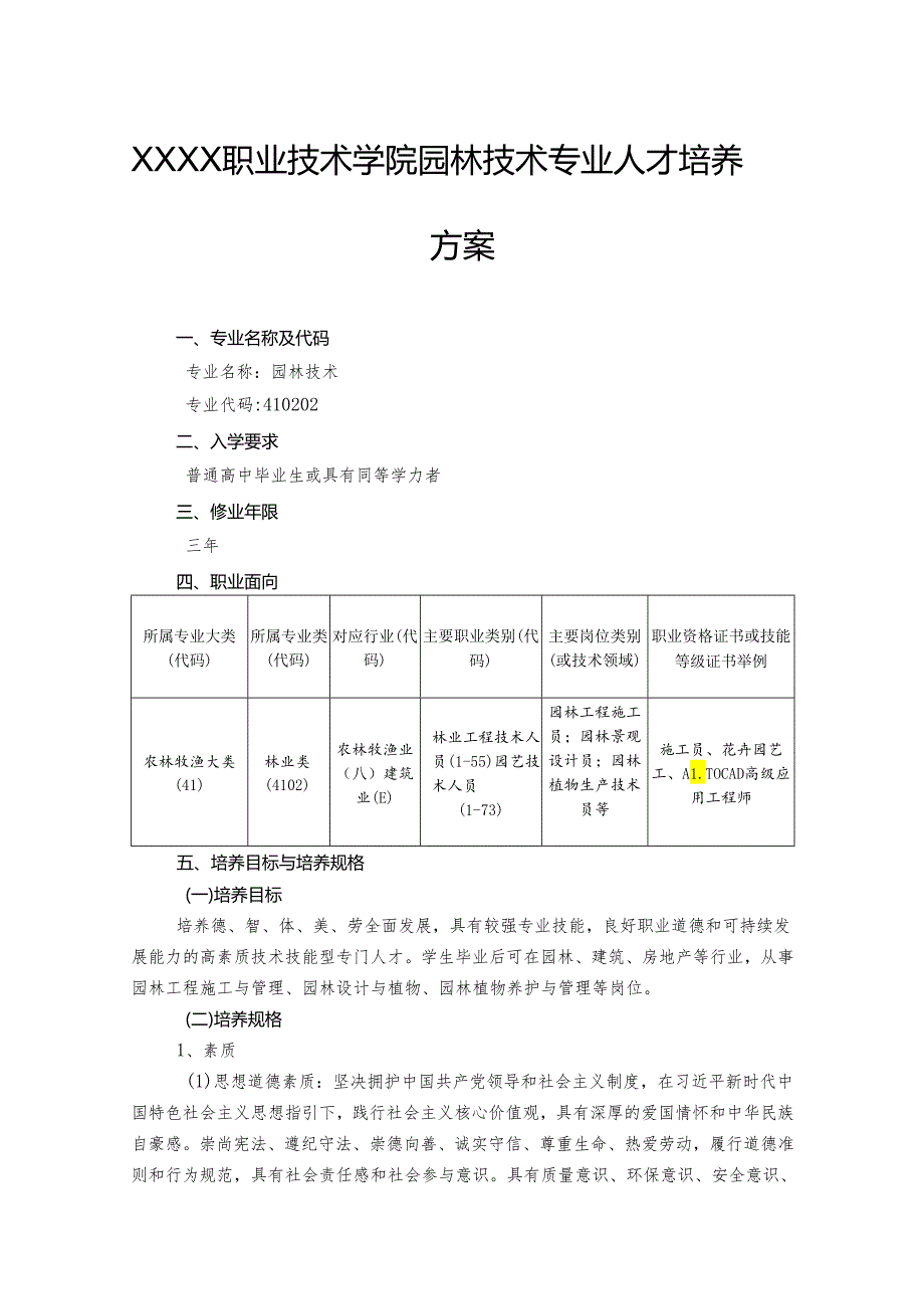 职业技术学院园林技术专业人才培养方案.docx_第1页