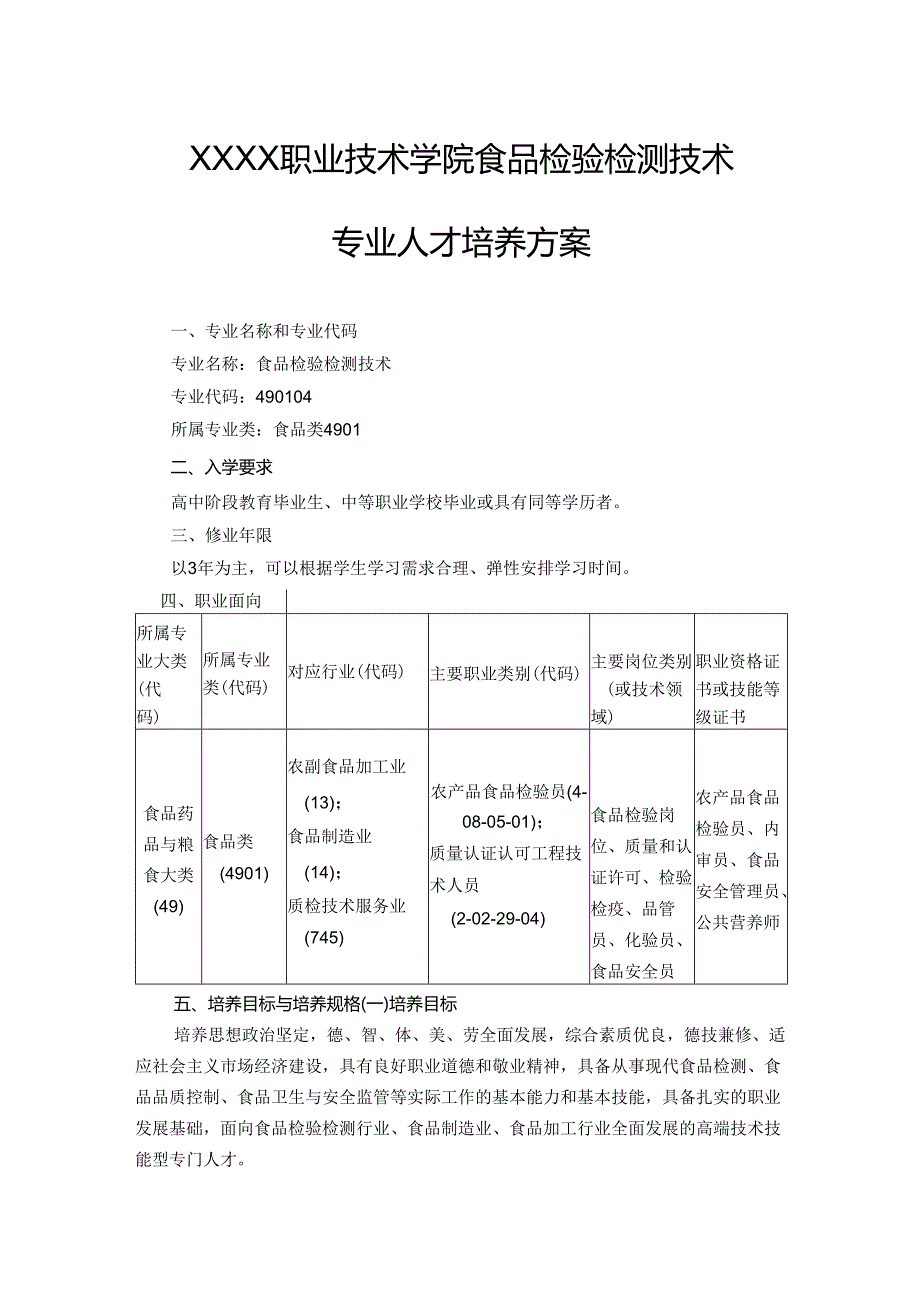 职业技术学院食品检验检测技术专业人才培养方案.docx_第1页