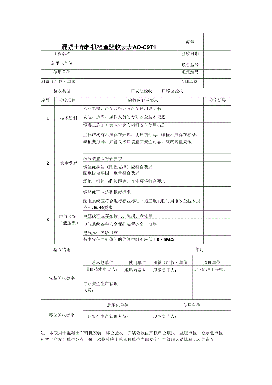 混凝土布料机检查验收表.docx_第1页