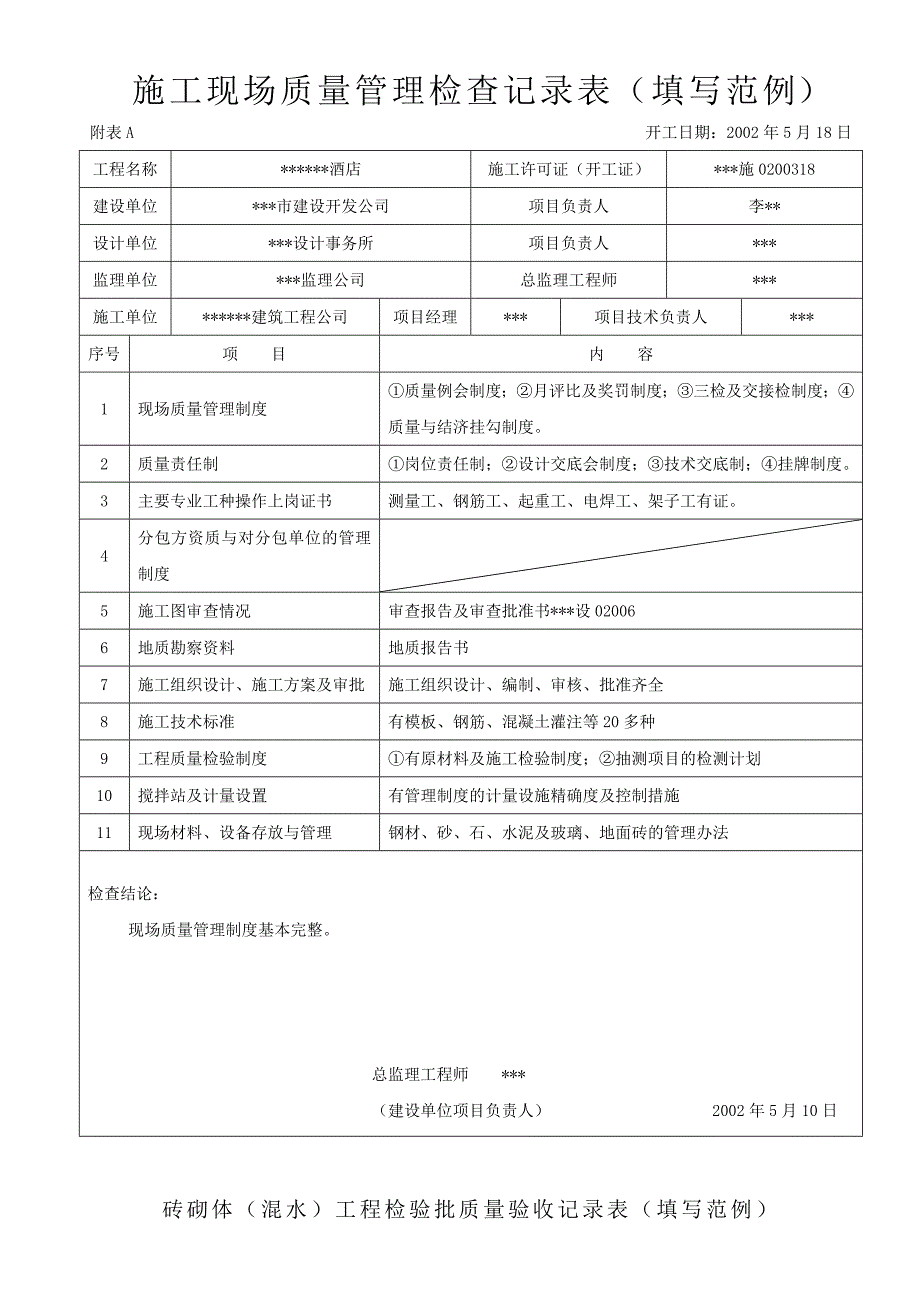 建筑工程施工现场质量管理检查记录表（填写范例） .doc_第1页