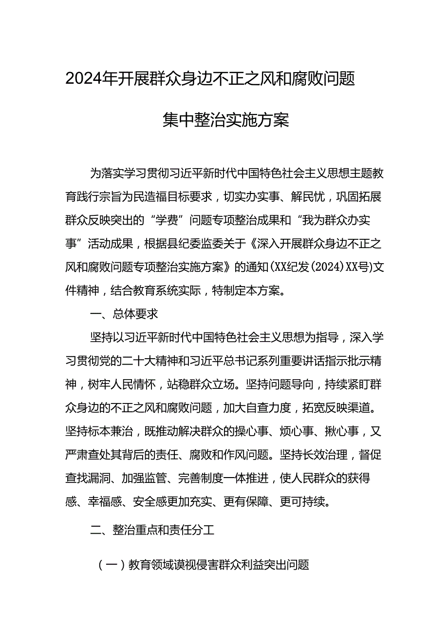 2024年开展《群众身边不正之风和腐败》问题集中整治专项方案或总结 （6份）.docx_第1页