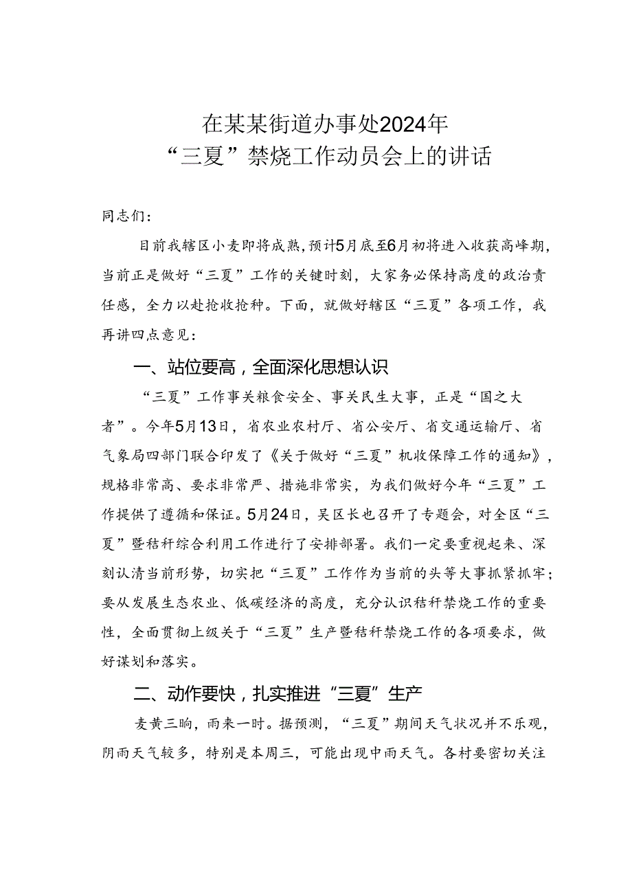 在某某街道办事处2024年“三夏”禁烧工作动员会上的讲话.docx_第1页