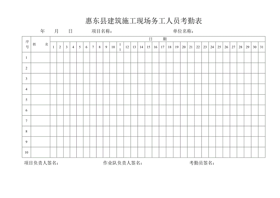 惠东县建筑施工现场务工人员考勤表.doc_第1页