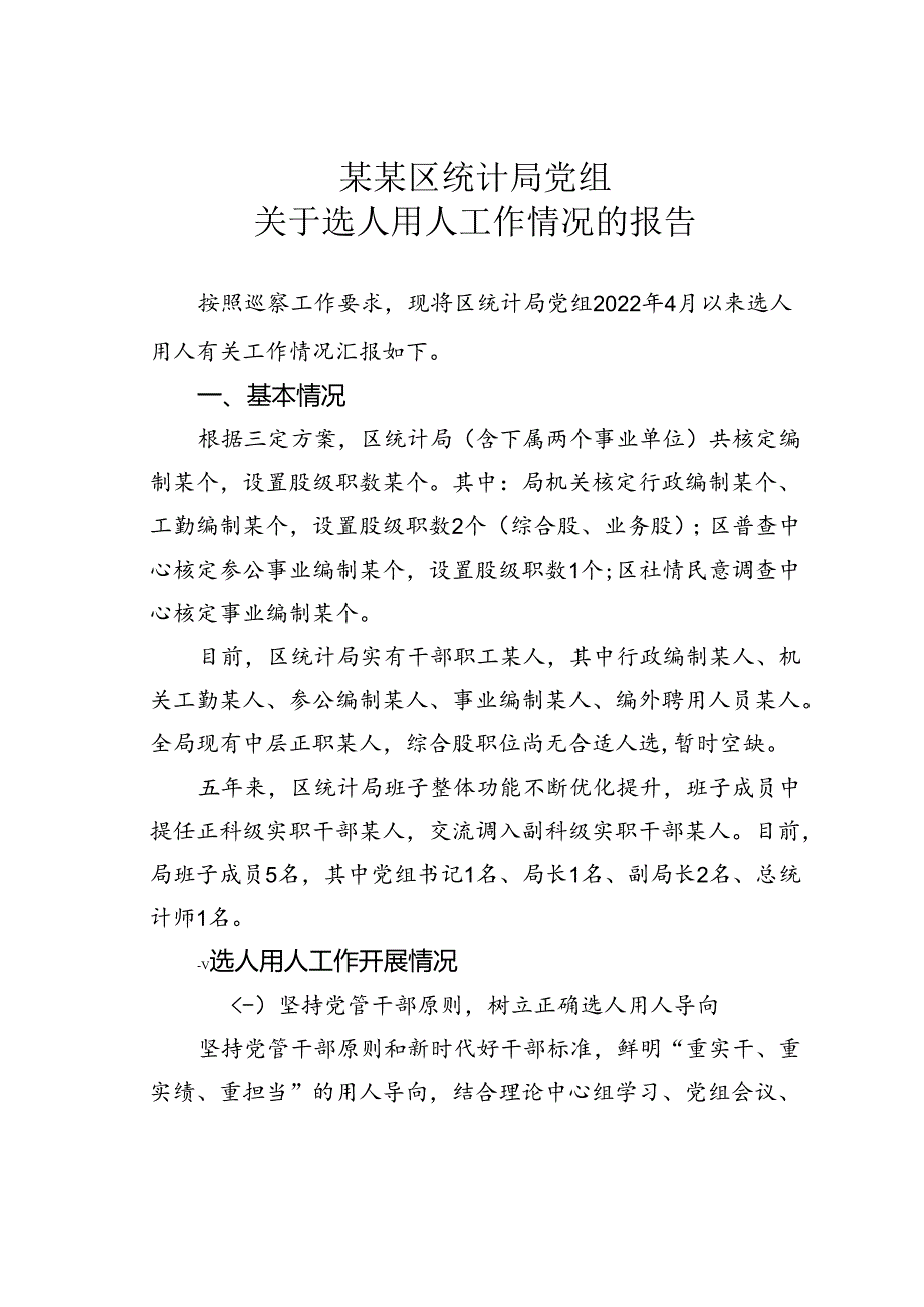 某某区统计局党组关于选人用人工作情况的报告.docx_第1页