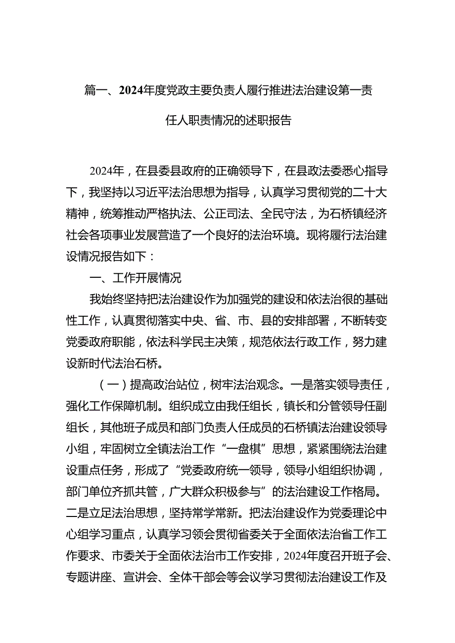 2024年度党政主要负责人履行推进法治建设第一责任人职责情况的述职报告(10篇集合).docx_第2页