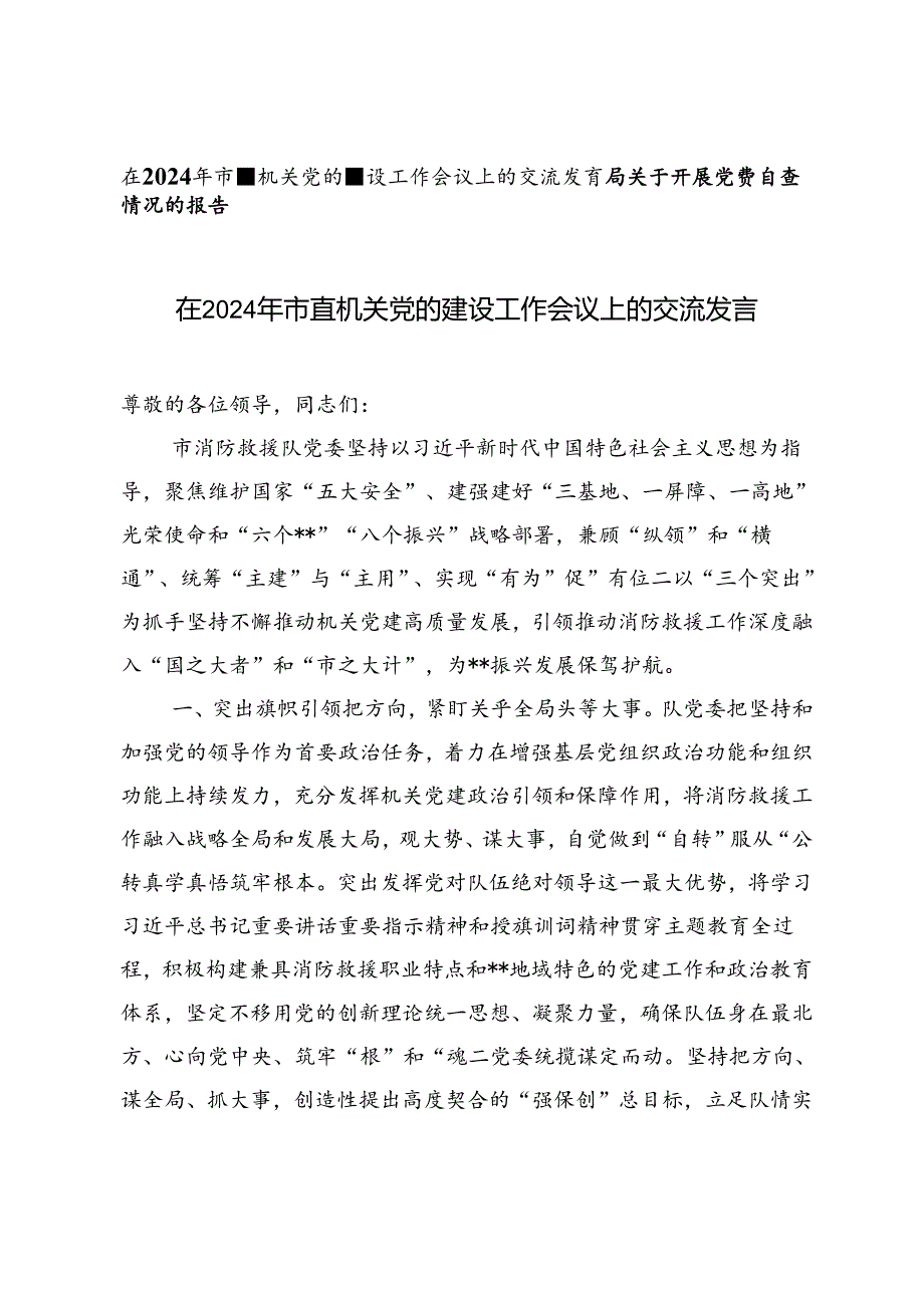 在2024年市直机关党的建设工作会议上的交流发言+开展党费自查情况的报告2篇.docx_第1页