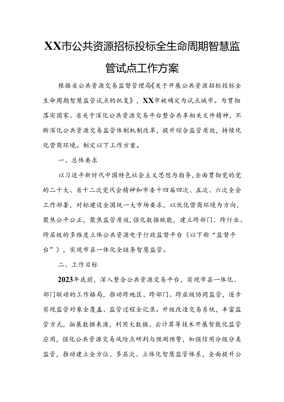 XX市公共资源招标投标全生命周期智慧监管试点工作方案.docx_第1页