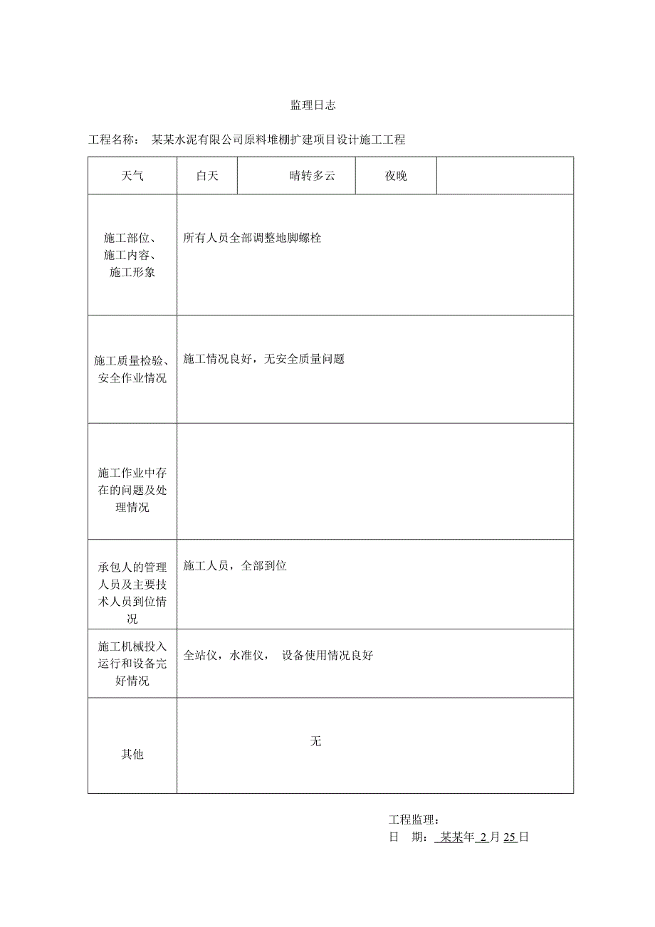 曲阳金隅水泥有限公司原料堆棚扩建项目设计施工工程监理日志.doc_第2页